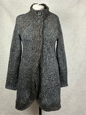 prAna Angelica Duster gray large cardigan marbled yarn ribbed collar hidden snap